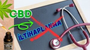 Ağrıyan eklemini tutan bir kişinin yanında duran bir şişe CBD yağı, vücuttaki iltihaplanmanın hafiflemesini simgeler.