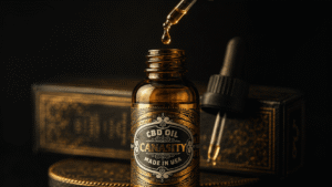 Macro of a glass pipette above a Canasity CBD oil bottle with a single golden drop suspended mid-air
